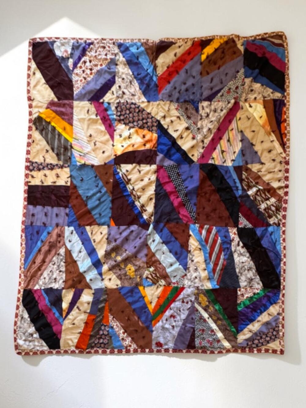 Vintage Antique Crazy Quilt Tieback Satin Silk Full Queen Handmade 80”x64"